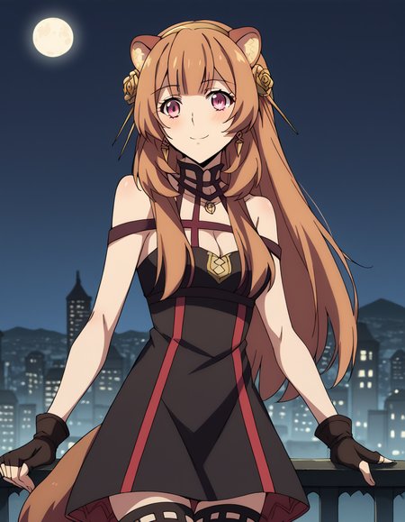 score_9, score_8_up, score_7_up, source_anime, <lora:raphtalia-s3-ponyxl-lora-nochekaiser:1>, raphtalia, long hair, bangs, brown hair, animal ears, raccoon ears, raccoon tail, raccoon girl, pink eyes, medium breasts,, <lora:yor-briar-cosplay-ponyxl-lora-nochekaiser:1>, yorbriarcosplay, yor briar (cosplay), bare shoulders, black dress, black gloves, cleavage, dress, earrings, gloves, gold earrings, hair ornament, hair band, jewelry, bare shoulders, collarbone, fingerless gloves, thighhighs, black thighhighs,, cityscape, night, moon, blush, smile, , dutch angle, cowboy shot