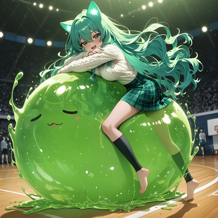 ambient occlusion, Wavy hair, Sunny/Clear, barefoot, 2boys, Mint teal hair, Bokeh, motion_lines:1.1, glow, slime_(creature), cat_ears, motion_blur:1.1, newest, a star formation emerges, kind_smile, absolutely eye-catching, 8K, hanging breasts, tan skin, depth of field, ephemeral, masterpiece, Lime Green Theme, night, absurdres, Public basketball court backboard detail., medium breasts, best quality, 1girl, Tartan pinafore dress, nail_polish, very long hair, RTX, fluids everywhere., very aesthetic, each person pleasuring multiple partners, white blouse, tattoos, Taiga Aisaka (Toradora!), During an orgy, Action shot, ultra-detailed, amazing quality, anime character, cable knit knee-high socks