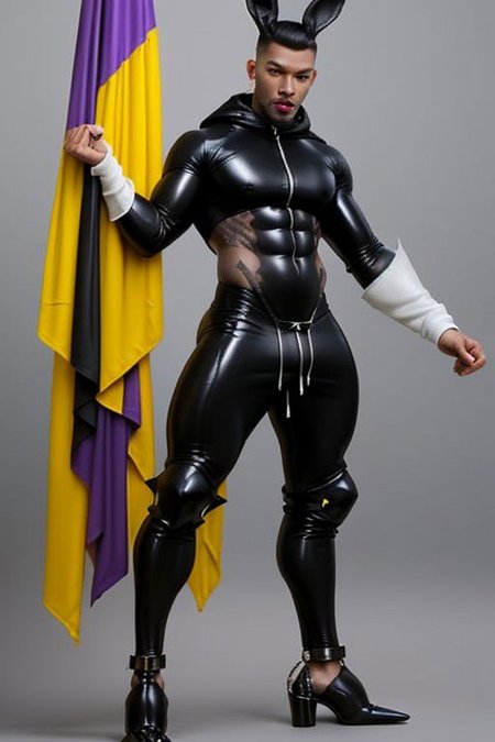 Gay Caucasian man, masculine, hairy, dark colour rubber, tight tracksuit, high stiletto heels, chains,  tiny man, hold a gay flag, splitting legs, bunny ears