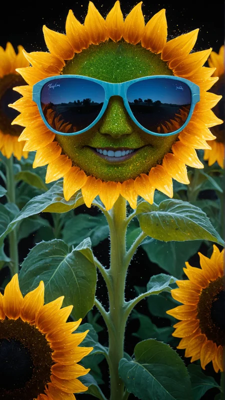 An abstract painting of a glowing sunflower field, with each flower wearing glowing sunglasses and smiling. zavy-flrscnc, fluorescent, fluorescent dust, fluorescent spraypaint, glowing dust, sss translucent subsurface scattering
glow, glowing
(masterpiece, award winning artwork)
many details, extreme detailed, full of details,
<lora:zavy-flrscnc-sdxl:0.75> 
 <lora:sss:0.8> sss translucent subsurface scattering