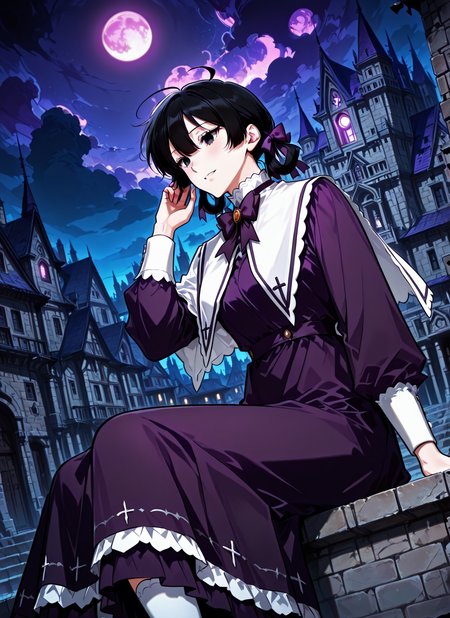<lora:Asmodeus___Omniscient_Readers_Viewpoint__Illustrious:1>
solo, black hair, black eyes, short hair, twintails, braid twin braids, bangs, ahoge, hair between eyes, hair rings,
purple dress, frilled dress, bow, hair bow, long sleeves, purple bow, frills, purple bowtie, high white socks, white capelet
score_9, score_8_up, score_7_up, very aesthetic, source_anime, detailed, high quality, beautiful, masterpiece, detailed eyes, castle, village, blurry background, cityscape, pose dynamic angle, light smile, open mouth, hand on hair, sitting, night, purple moon, <lora:iLLMythG0thicL1nes:1>