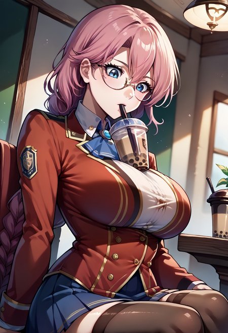 score_9, score_8_up, score_7_up, source_anime, emmathors, ascot, blue eyes, braided ponytail, breasts, glasses, loafers, long hair, pink hair,  red jacket, single braid, thighhighs, white shirt, large breasts, <lora:emma-rebake3:0.9>, large breasts, <lora:bubble-tea-challenge-ponyxl-lora-nochekaiser:1>, bubble tea challenge, bubble tea, object on breast, drinking straw, drinking straw in mouth, drinking, cup,, indoors, sitting, looking down, cowboy shot, dutch angle