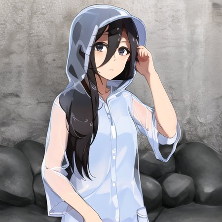 ((masterpiece)),(best quality), absurdres,sadako_yamamura,<lora:Sadakobest:0.8>,  <lora:Transparentraincoat:1>, transparent raincoat,hood up,