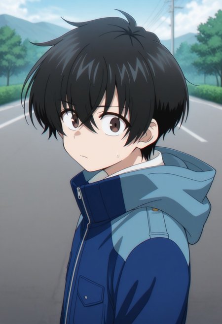 masterpiece,best quality,amazing quality, source_anime, 
KeitaroGentoga, 
1boy, male focus, black hair, solo, looking at viewer, brown eyes, jacket, upper body, outdoors, closed mouth, hooded jacket, blue jacket