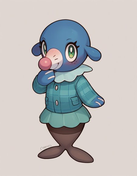 score_9, score_8_up, score_7_up, score_6_up, score_5_up, score_4_up, 1girl, full body, solo,
(cyan thick flannel jacket), (brown pantyhose), (green skirt),
<lora:Popplio v1:0.8> popplio, blue fur, white snout, pink nose, droopy ears, whisker markings, blue collar, frilled collar, pokemon \(creature\), (seal \(animal\):1.2), green eyes, eyelashes, fish tail, flippers, freckles, light smile, blush, looking at viewer, hand on own hip, hand at own mouth, looking at viewer,