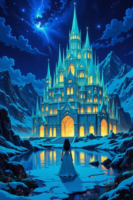ice palace beautiful landscape, bright luminous night, woman, very intricate, very detailed, sharp, bright, colorful, <lora:Hand v2:0.5> <lora:Anti-Blur:1><lora:Insane Detail Slider:0.25>  <lora:flux.1_lora_flyway_Epic-detail_v2:0.3> <lora:fluxenhancer:0.25> <lora:ROWER:0.6> <lora:flux-charmer-v1-1:0.4>>  <lora:Anime_style:0.8> anime style