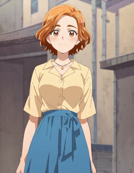 score_9, score_8_up, score_7_up, 1girl, solo, anime screencap, 1girl, solo,hyuugasaki,  jewelry, hair ornament, smile, looking at viewer, shirt,  hairclip,yellow shirt, blue skirt,necklace, cowboy shot,medium breasts,blush <lora:hyuugasaki:0.8>