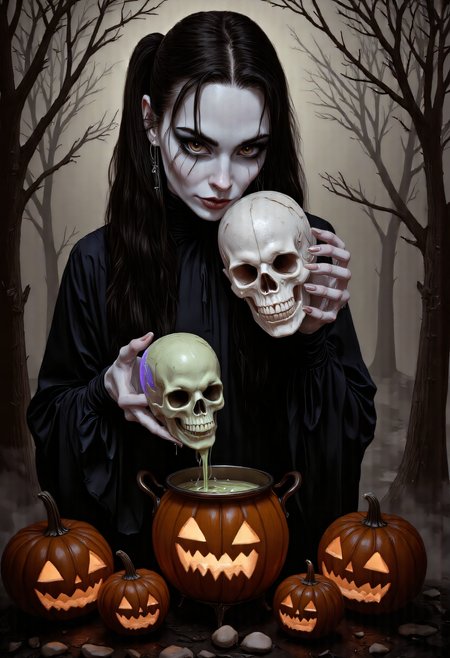 Create a fantasy realism-style artwork with a half-body composition. On the left third of the image, a beautiful, mysterious witch with a dreamy, distant gaze is dressed in a flowing black silk robe. Her long, dark hair cascades over her shoulders as she holds a human skull in both hands, positioned above a large cauldron. From the mouth of the skull, a thick, glowing, viscous liquid continuously pours into the Halloween-themed pumpkin cauldron, which is designed to resemble a carved jack-o'-lantern. The cauldron is filled with bubbling green SOUP, glowing brightly as it mixes with the skull's mysterious liquid. Surrounding the scene is a thick, swirling mist that envelops the witch and the cauldron, adding an eerie, magical atmosphere. Decorated Halloween pumpkins, carved with spooky faces, are scattered around the scene, with their eyes flickering in glowing neon colorsâgreens, purples, oranges, and bluesâcasting an eerie glow. The mist reflects the flickering lights, enhancing the mysterious, mystical mood of the artwork, aidmaHalloweenBoost, aidmaabdhr, aidmaMJ6.1 , detailed drawing, swms  <lora:FLUX - HalloweenBoost ( aidmaHalloweenBoost ):0.8> <lora:FLUX - Image Upgrader - Detail Maximizer:0.7> <lora:FLUX - Meets Midjourney v0.2 ( aidmaMJ6.1 ):0.7><lora:FLUX - Sinfully_Stylish (Dramatic Lighting):0.7> <lora:FLUX - SWMSF - Styles for FLUX ( detailed drawing, swms ):1>