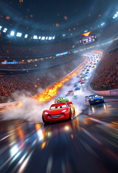aidmafluxpro1.1, in the style of Jed-clrfl,  
highly detailed 8K image, 
This is a super high-quality 8K photo. This is a high-quality photo of the cars from the Pixar Cars series, just like real cars. It shows Lightning McQueen racing against other cars from the Pixar Cars series in a grand racing stadium. There are a lot of spectator cars in the stadium. Lightning McQueen is in the lead, Jackson Storm is in second place, and Cheek Hicks is in third place. Several cars collide, creating huge flames and smoke, but Lightning McQueen, Jackson Storm and Chick Hicks luckily escape the crash and remain in the lead.