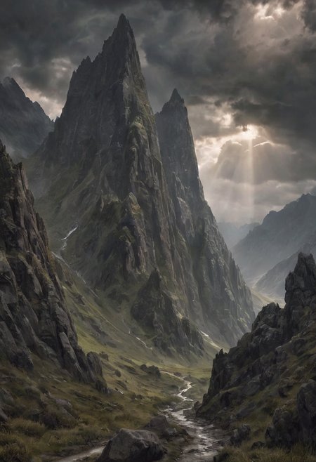 A winding mountain passage stretches ahead, its path flanked by towering, jagged peaks. The atmosphere is heavy with an ominous sense of foreboding, as shadows deepen across the rugged terrain. The journey appears dangerous, with treacherous cliffs and hidden perils awaiting travelers. The passage is framed by a stormy sky, with dark clouds swirling menacingly above, casting an eerie light on the rocky path.