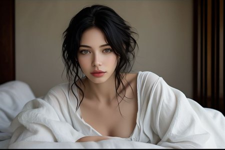 bellissima, laperla style, realistic, 1girl, solo, messy hair, smile, a woman in a white robe and a white dress sexy pose lying in a luxurious hotel room