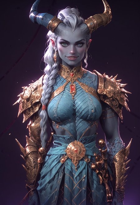 Stable_Yogis_PDXL_Positives,  (score_9, score_8_up, score_7_up), source_nsfw, ((face focus, eye focus, dynamic angle, motion)), fantasy,(1girl, solo, taash, qunari, taash_01, horns, grey skin) (white hair, single braid, very-long braid, lips, large breasts), breathless intimacy, textured skin, armor, skirt, athletic figure, toned, lust, big eyes, seductive eyes, detailed skin, athletic body, toned, narrow waist, wide hips, ((tiny waist)), ((hourglass figure)),((sexy pose)), sensual gaze, (confident, smirk, grin)
warm light, detailed, neon dark party
 BREAK
milky way, runes, arcane, astral, surreal, ethereal glow, masterpiece, best quality, intricate design. colorful, moonlit nightsky, moody whimsical color palette, bold soldering lines, volumetric light shining through, crepuscular rays, intricate craftsmanship, detailed texture, luminous transparency, reflective light play, vivid hues, atmospheric depth, enchanting silhouette, art nouveau,