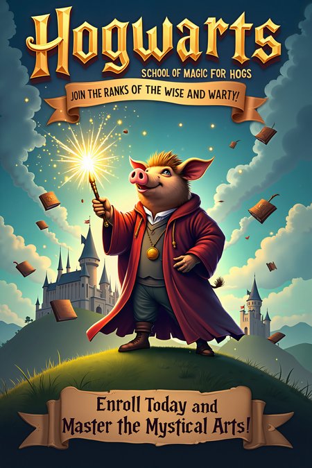 A whimsical recruiting poster for 'Hogwarts: School of Magic for Hogs,' featuring a proud, noble hog in a wizard's robe, holding a glowing wand with sparks of magic swirling around it. The hog stands atop a hill, with a majestic castle in the background, complete with turrets and banners flapping in the breeze. The sky is filled with enchanted flying books, broomsticks, and shimmering spell runes. The slogan across the top reads, 'Unleash Your Inner Magic! Join the Ranks of the Wise and Warty!' Below, the text encourages young hogs to 'Enroll Today and Master the Mystical Arts.' The poster is filled with vibrant colors, from the rich greens of the landscape to the sparkling gold of the magical effects, creating an enchanting and humorous invitation to a world where hogs harness the power of wizardry. Hyper-detailed, playful, fantasy-inspired, 16k resolution, enchanting and humorous, masterpiece.