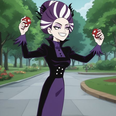 <lora:SlimesKinoko-000005:1>, slimes_kinoko,face  Aunt Lydia,woman, solo, park background, hands up, smiling