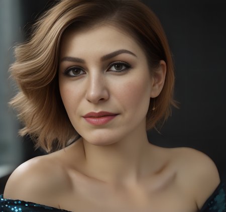An image of a woman offering a sophisticated over-the-shoulder look towards the viewer. Her body is turned to the side, and she turns her head to make eye contact with the camera. Her left hand touches her cheek, with her thumb resting on her chin. Her hair is styled in an updo with soft tendrils by her face. She has freckles across her nose and cheeks, and her makeup highlights her eyes and lips subtly. She wears a dark off-the-shoulder dress with sequined accents on the neckline and sleeves  <lora:Selwa:1.1>