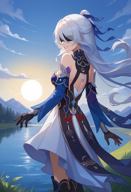 score_9, score_8_up, score_7_up, source_anime, 1girl, jingliudef, black blindfold, covered eyes, white hair, long hair, high ponytail, earrings, jewelry, medium breasts, bare shoulders, detached sleeves, blue sleeves, blue dress, cleavage, black gloves, white skirt, black footwear, boots, smile, standing, waving, looking at viewer, outdoors, lake, grass, sun, upper body, from behind, back, looking back, <lora:Jingliu_v1-000010:1>