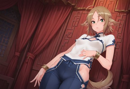 masterpiece, best quality, amazing quality,, (1girl, solo) noa riads, animal ears, green eyes, tail, brown hair, short hair, ahoge, dog ears, dog tail, long tail, , small breasts,chinese clothes, solo, dress, bracelet, ribbon, pants, blue pants, makeup, short sleeves,  shiny skin, shiny body, shiny hair, (best quality) , (highly detailed) ,((masterpiece)), ((best quality)), (ultra-detailed), ((extremely detailed)), (high resolution), 4K, (8K), best quality, (beautiful), (dynamic lighting), (super detailed skin), sharp focus,detailed eyes、detailed face and detailed skin detailed eyes、detailed face and detailed skin, skindentation, clear skin, shiny hair, ultra detailed eyes, depth of field, sharp, intricate details, hyperdetailed, shindol, Shindol style