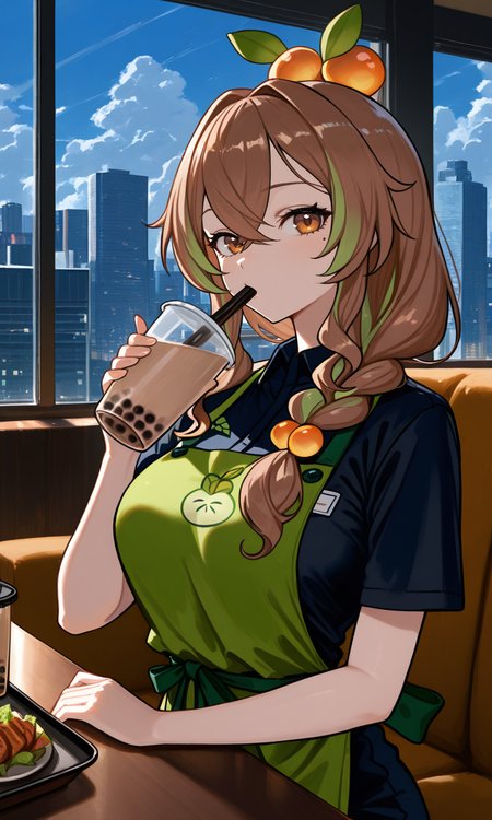 masterpiece,best quality,absurdres,very aesthetic,very awa,highres,newest,year 2024,year 2023,<lora:xmc_v0.3_noobai_cwhj_946906:0.8>,<lora:illustrious_best_quality_v1_1021798:0.8>,<lora:add-detail-xl:0.9>,<lora:Periru_Vtuber_1503428:0.7>,PeriruILXL,virtual youtuber,multicolored hair,brown hair,green hair,hair ornament,food-themed hair ornament,brown eyes,hair between eyes,very long hair,
masterpiece,best quality,amazing quality,indoors,cafe,window,cityscape,sky,clouds,holding,bubble tea,drinking,sitting,sofa,table,aesthetic,absurdres,best quality,4k,upscale,1girl,sidelock,solo,mole,braid,shirt,long hair,looking at viewer,short sleeves,apron,upper body,black shirt,green apron,employee uniform,collared shirt,hair over shoulder,uniform,bangs,