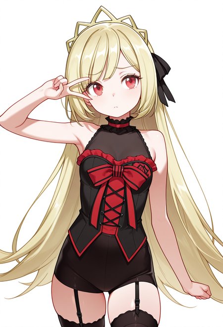 Smooth Quality,masterpiece,very intricate, high quality details, ultra realistic, high detailed skin,detailed enviorement,absurdres,
v over eye,
 <lora:Ecute_CNR:0.8> ecute_cnr, 1girl, blonde hair, very long hair, red eyes,, simple background, white background, front view,solo,, furrowed brow,, compression shirt,  ,waistcoat,   ,garter straps, ,