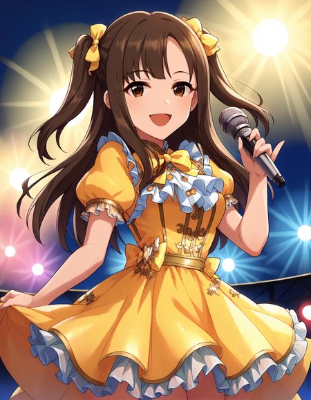 score_9,score_8_up,score_7_up,1girl,solo,cowboy shot,looking at viewer,smile,open mouth,holding microphone,stage lights,
<lora:mizumotoyukari_ponyXLV6:0.8>,cgmy,
brown hair,long hair,two side up,brown eyes,
yellow bow,yellow dress,puffy short sleeves,frills
