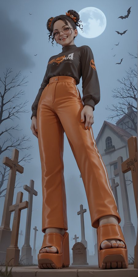 score_9, score_8_up, score_7_up, score_6_up, realistic,
wide angle, standing, low angle, foot focus, from side,
standing,
1girl, dark skin, goth, curly hair buns, round glasses, hair ornament, evil smile, fangs,
ï»¿(mega wedge heels:1.2), platform footwear,
orange romper, skintight clothing,
halloween scene, fog, cemetery, night,
orange toenail polish,
embedding:zPDXLrl ,
embedding:zPDXL2 ,