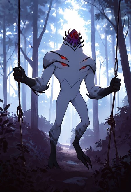 masterpiece, best quality, amazing quality, very aesthetic, absurdres, newest,, detailed background, 
highbreed, extra eyes, solo, alien, white skin, purple face, , monster, red eyes, black hands, , claws, black head spikes, white body,
taller than trees, standing in forest, holding tree, swinging tree, weapon swing, daytime,