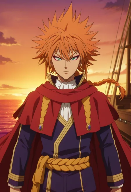 masterpiece, best quality, , anime screencap, , , , 1boy, solo, male focus, <lora:leopold_vermillion_ilxl:0.96>, leopold_vermillion, orange hair, green eyes, spiked hair, long hair, braid, single braid, makeup, eyeshadow, eyeliner, cape, sky pirates, airship deck, cloud sea, rope rigging, heroic pose, determined expression, sunset, suit vest,