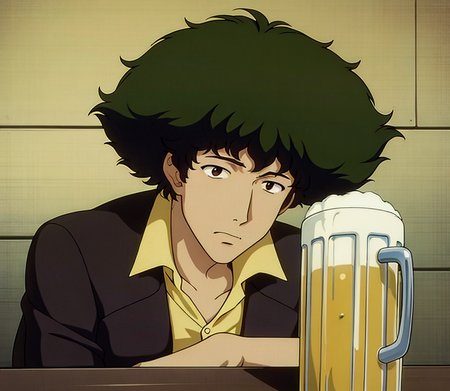 masterpiece, best quality, 1boy, spike spiegel, drinking beer, table, silly face