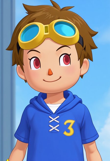 source_anime,score_9,score_8_up,score_7_up, smile, closed mouth, solo, detailed, 1boy, male focus, TakatoM, 1boy, solo, brown hair, red eyes, goggles on head, blue hoodie, yellow wristband, smile,detailed face, detailed eyes, portrait,detailed, intricate details, highres, absurdres, best quality, amazing quality, masterpiece, BREAK animal crossing style, 3d