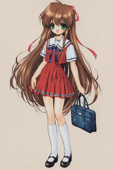 1girl,solo,green eyes,long hair,school uniform,skirt,brown hair,ribbon,shoes,socks,mary janes,hair ribbon,pleated skirt,bag,school bag,very long hair,red skirt,standing,full body,open mouth,short sleeves,white socks,kneehighs,smile,(simple background:1.5),white background,<lora:Ramiya Ryou_XL:0.8>,