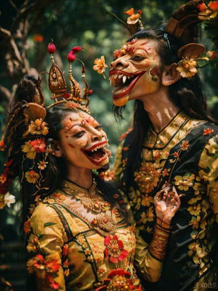 a loving couple,<lora:wereanimal:0.5>,<lora:ARWBarongBali :0.7>,barongbali creature,tongue out,teeth,<lora:ARWJavaWeddingWoman:0.6>,portrait of java wedding woman in a colorful long kebaya traditional,beautiful javanese flower garden,<lora:FantasyRuins:0.5>,FanRu,<lora:NatureStyle_530620:0.3>,naturestyle,<lora:FantasyLandscape:0.5>,FanLan,photo \(object\),bokeh,<lora:ARWBaliGapura:0.3>,baligapura,<lora:flowers_landscape:0.3>,<lora:Night scene_20230715120543:0.3>,Night scene,