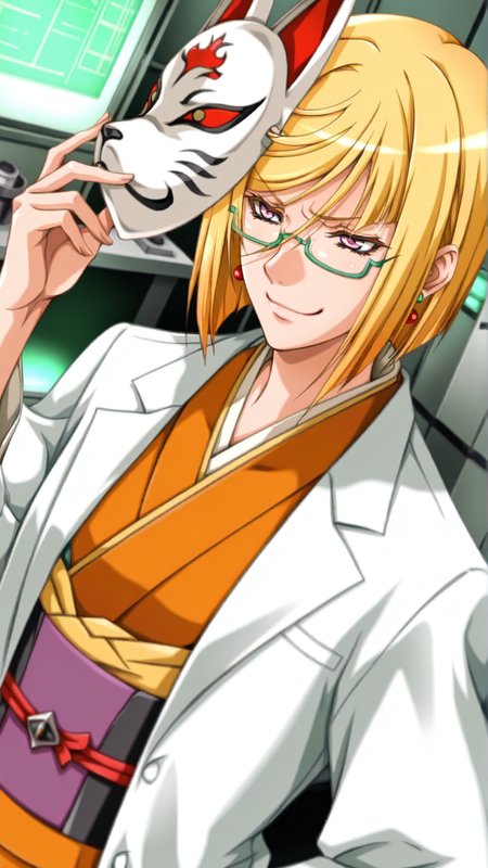 source_anime, general, best quality, masterpiece, 1girl,  <lora:Trya_ill_v1.0:1> trya\(srw\),blonde hair, purple eyes,male focus, bob cut,swept bangs, sidelocks,  jewelry, earrings,  green-framed eyewear, semi-rimless eyewear, kimono,japanese clothes,lab coat, laboratory, smug, dutch angle, holding fox_mask,