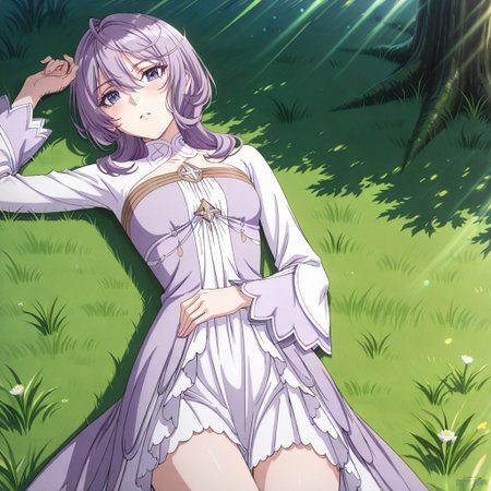 score_9, score_8_up, score_7_up, dynamic view, eye_focus, solo, looking_at_viewer, 1girl, 
masterpiece, best quality, bokeh, luminescent background,
( philiaa denauer,  purple hair, ahoge, long hair, blunt bangs, hair over shoulder, hair betveen eyes, purple eyes, small breasts,   closed mouth, serious face,    dress, two-tone dress, purple dress, white dress, sidelocks, long sleeves, white shoes,
 ),
looking_at_viewer, 1girl, masterpiece, best quality, bokeh, luminescent background, girl, solo, arm up, blush, looking at viewer, lying, on back, parted lips, grass, sunlight,