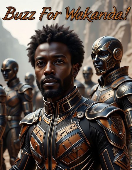 african man with curly short  hair wearing slick futuristic cybersuit looking at viewer
, behind him are his bretheren girded for fight
, text at top of image text "Buzz For Wakanda!" written with thin golen-orange letters
 <lora:Dever_Flux_Enhancer:0.5> <lora:dvr-afrofuturism-flux:1> afrofuturism <lora:AntiBlur:1>