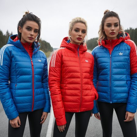 (dark cinematic still, dark vibes) sexy slim skinny group of swedish women ,unique, wearing a zipped up  red and blue adidas_puffer_jacket, unique hair styles, 8k uhd, dslr, high quality, photorealistic, realism, hyperrealism,  ((car scene)),
<lora:adidas_puffer_jacket_v1:1>