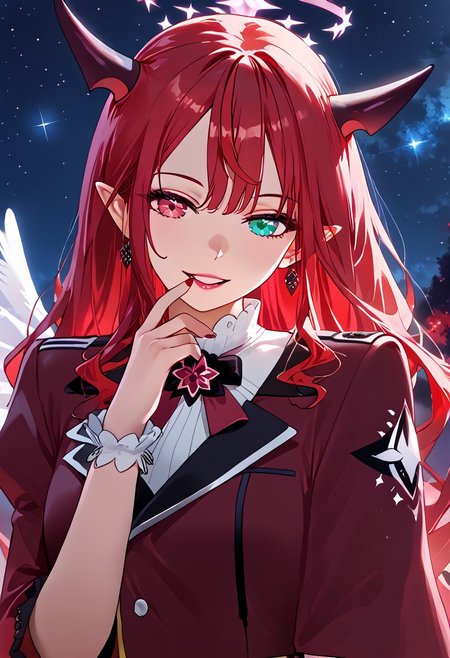 masterpiece, high-quality, ultra-detailed, IRyS, depicted as half-angel and half-demon, with a pose similar to holding a hand mirror, clear hand structure. She gazes softly at her reflection with a serene smile, heterochromia, glowing gently. Her angelic side features delicate white feathers and radiant golden hair, while her demonic side has crimson horns and dark, flowing hair. Her outfit blends soft, angelic white fabrics with bold, dark crimson patterns, symbolizing the duality of her nature.
The background is a mystical twilight sky, blending the warm hues of a setting sun with the cool tones of a rising moon. The horizon is filled with scattered stars, with one side glowing softly with celestial light and the other shrouded in shadows. The atmosphere captures her ethereal beauty and the harmony between her contrasting halves