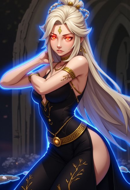 An Anime-styled illustration close-up portrait of the character queen marika the eternal from the Elden Ring video game
The image is of a regal and ethereal female character who exudes an aura of divinity and power. The character has long, flowing blonde hair that cascades down her back, with soft waves framing her face. Her eyes are a glowing, intense golden-yellow, with a glowing red light in the center of each pupil which stand out, giving her a mesmerizing and otherworldly appearance. She wears a black, flowing dress that is intricately adorned with gold vine patterns, emphasizing her royal status. The dress is designed to reveal her shoulders and a deep neckline, adding a sense of allure while maintaining her elegance.
Queen marika the eternal is depicted in a graceful and confident pose, squatting slightly with one hand resting behind her head, while the other arm is relaxed by her side. She wears a golden circlet or tiara on her forehead, which further enhances her regal presence. A delicate gold necklace rests around her neck, and a matching gold belt cinches her waist, adorned with intricate symbols.
The background is dark and blurry creating an ethereal atmosphere that complements the character's divine nature.
Queen marika the eternal is highlighted by a faint glowing blue outline around it, indicating that they might be using or preparing to use some sort of power or ability. C0NTR4CT0R
