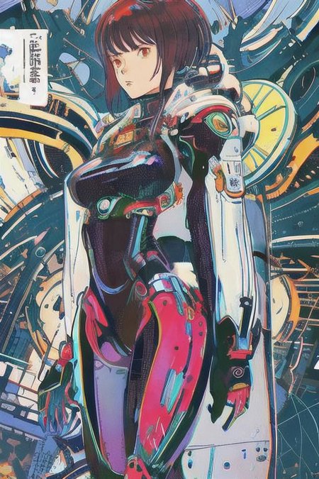 2d artwork, line artwork, comic aesthetics, 1girl, gorgeous, spacesuit mech, looking at viewer, surreal, breathtaking high-tech hardware background, line noise, ancient, retrofuturism, old comic paper, 1girl, beautiful face, spacesuit mech, short hair, red eyes, black epi-space-suit mech, earth, universe