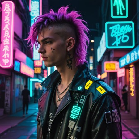 a photo of a young man dressed in cyberpunk clothes standing in a dark city street lit by neon glow from neon signs, (disheveled:1.2), (messy hair:1.2), shaved sides, <lora:concept_hair_shaggyMullet_sdxl_v1-shaggyMullet:1> shaggyMullet, shaggyMullet Hair