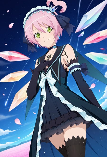 night, floating petals,
BREAK,
light smile, hand on chest,
cowboy shot, dynamic angle,
looking at viewer,
BREAK,
<lora:kanonnoEX_illustriousXL_v01:0.9>
kanonnoEAst, dark kanonno, pink hair, short hair, side ponytail, hair ribbon, headdress, frills, green eyes,
long dress, black dress, sleeveless, body markings, detached sleeves, bare shoulders, crystal wings,
black thighhighs,, source_anime, very aesthetic, anime coloring, masterpiece, 
best quality, amazing quality, ultra detailed, very aesthetic, 
detailed background, 
BREAK,