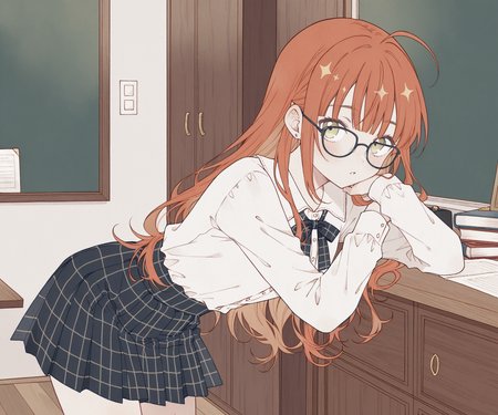 masterpiece, best quality, amazing quality, , 1girl, solo, glasses,  looking at viewer, shirt, skirt,   <lora:o0Platinum0o style ILL-v2:1>  o0Platinum0o, detailed background