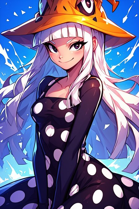 score_9, score_8_up, score_8, medium breasts, (curvy), cute, eyelashes,       BREAK, , zzEruka, black eyes, white hair, blunt bangs, long hair, orange hat, polka dot dress, black dress, black sleeves, pantyhose,    <lora:ErukaFrog_SoulEater_PDXL_v2:1.0>, , BREAK, embedding:zPDXL, Expressiveh, ,,, <lora:EnergyCAT:1.0>, solo, smile, looking at viewer, aura, blue sky, ,,, <lora:SDXLFaeTastic2400:0.5>, <lora:Expressive_H-000001:0.4>,