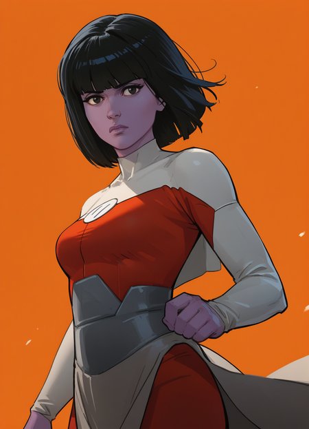score_9, score_8_up, UrsaalThrx, solo, 1girl, purple skin, black hair, bob cut, blunt bangs, black eyes, bodysuit, loincloth, red pants,
floating, upper body, serious, closed mouth,
medium breasts, curvy, 
orange background,
 <lora:Ursaal_-_Invincible-000006 Pony:1>