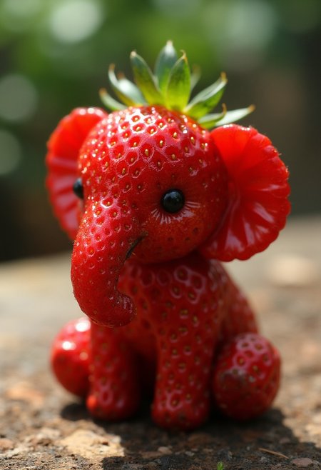 detailed realistic close up of a strawberry shaped like a Elephant, sitting, natural light detailmaximizer