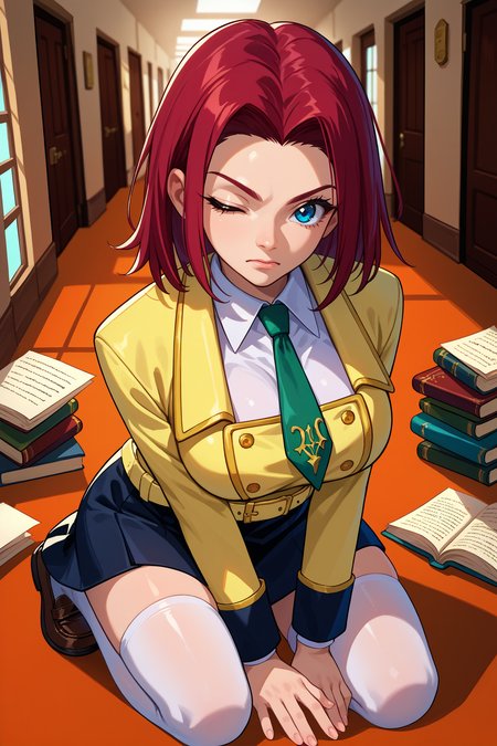 score_9, score_8_up, score_7_up, score_6_up, source_anime, 1girl, solo, <lora:kouzukikallen-pdxl-nvwls-v1-000006:1> kouklln, red hair, medium hair, blue eyes, yellow blazer, collared shirt, green necktie, yellow belt, black skirt, white thighhighs, big breasts, kneeling, loafers, full body, hallway, books, paper, looking at you, wince