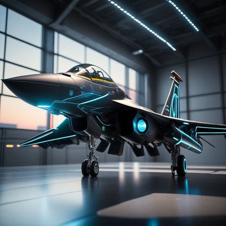 masterpiece, high detail, high resolution, photorealistic, futuristic, cyberpunk aircraft, black F15 raptor with glowing tron lines,
