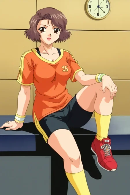 score_9, 
1girl, solo, retro artstyle, 1990s (style), smile, 
KuroNoDanshouRumikoHiguchi, single mole under the left side of mouth,
wristband, orange long t-shirt with yellow accents and large neckline,  visible black bra straps, black bike shorts, red sneakers with white accents and yellow ankle socks, shirt over shorts, 
number 15 print on left side of shirt, tight bike shorts,
 <lora:KuroNoDanshouRumikoAndKate_V4:0.8>