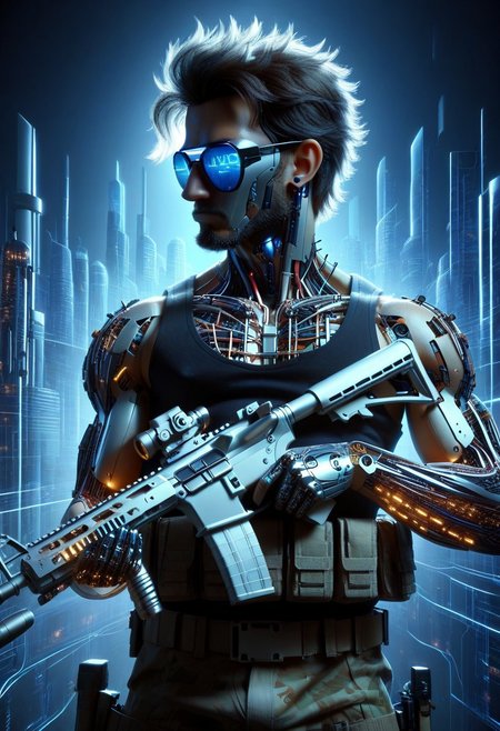 score_9, score_8_up, score_7_up, score_6_up, score_5_up, score_4_up, masterpiece, trending on artstation, high quality, Pixel-perfect precision, pristine detail, 8K resolution, high fidelity, Insane quality, <lora:Holding_Weapon_Lora_-_For_Pony_models:1> ho1ding-weap0n, 1boy, holding rifle, military, standing, wearing tank top, cyberpunk