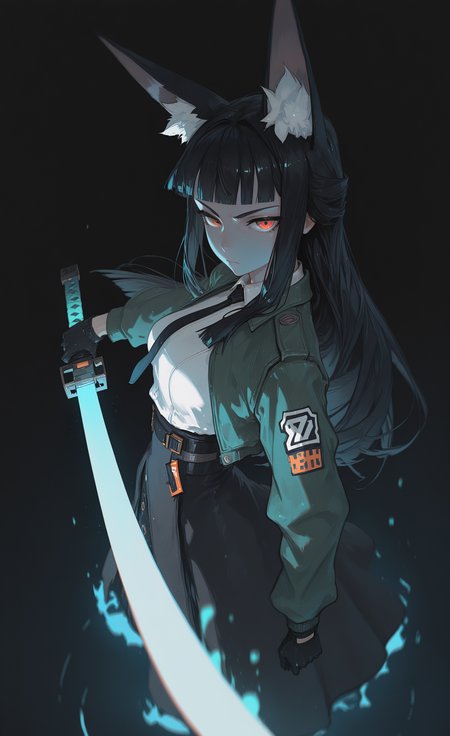 masterpiece, best quality, good quality, newest, highres, absurdres, hoshimi miyabi, zenless zone zero,
1girl, solo, lack, from above, from side, foreshortening, animal ear fluff, black gloves, black hair, black necktie, black skirt, blunt bangs, closed mouth, fox ears, fox girl, green jacket, high-waist skirt, holding sword, glowing katana, energy, long hair, red eyes, serious, sidelocks, white shirt, blue theme, black background, depth of field, cinematic,
perspective,looking at viewer, Ethereal Brushstroke,dhjs,
dino_(dinoartforame) <lora:illustriousXL_stabilizer_v1.23:0.3> <lora:NOOB_vp1_detailer_by_volnovik_v1:0.3> <lora:ponyv6_noobE11_2_adamW-000017:0.45> <lora:Illustrious:0.15> <lora:dino_dinoartforameILL:1> <lora:dhjs_0010-waiNSFWIllustrious_v110_V1-CAME:0.6>