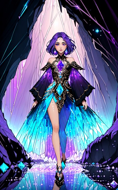 ([style of Frank Hong:style of Zac Retz:0.5]:1.2),(style of Ilya Kuvshino, [OverallDetail:HairDetail fHandDetail SkinDetail :0.7]:1.5), (Layered Depth, Parallax Effect, painted background, Soft focus foreground:1.3), (wide angle long range bokeh foreground, solo focus, cinematic photoshoot of perfect seductive young woman in Mystical Cave with Luminous Crystals:1.3), hidden cave, its walls aglow with iridescent crystals casting prismatic light, creating a kaleidoscope of colors that illuminate an underground river and ethereal fauna. opal effects. purple magenta energy aura